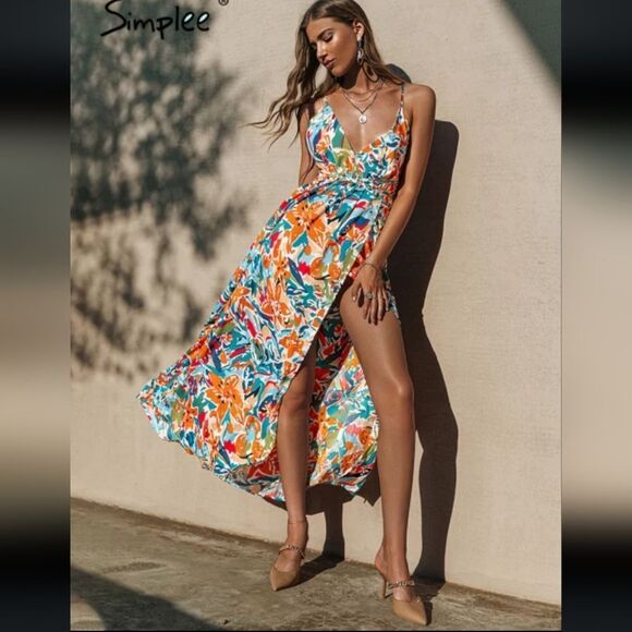 Simplee floral tropical dress‎ open back front slit Large - Picture 1 of 9